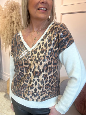 Leopard Sequin Front Jumper  - Cream