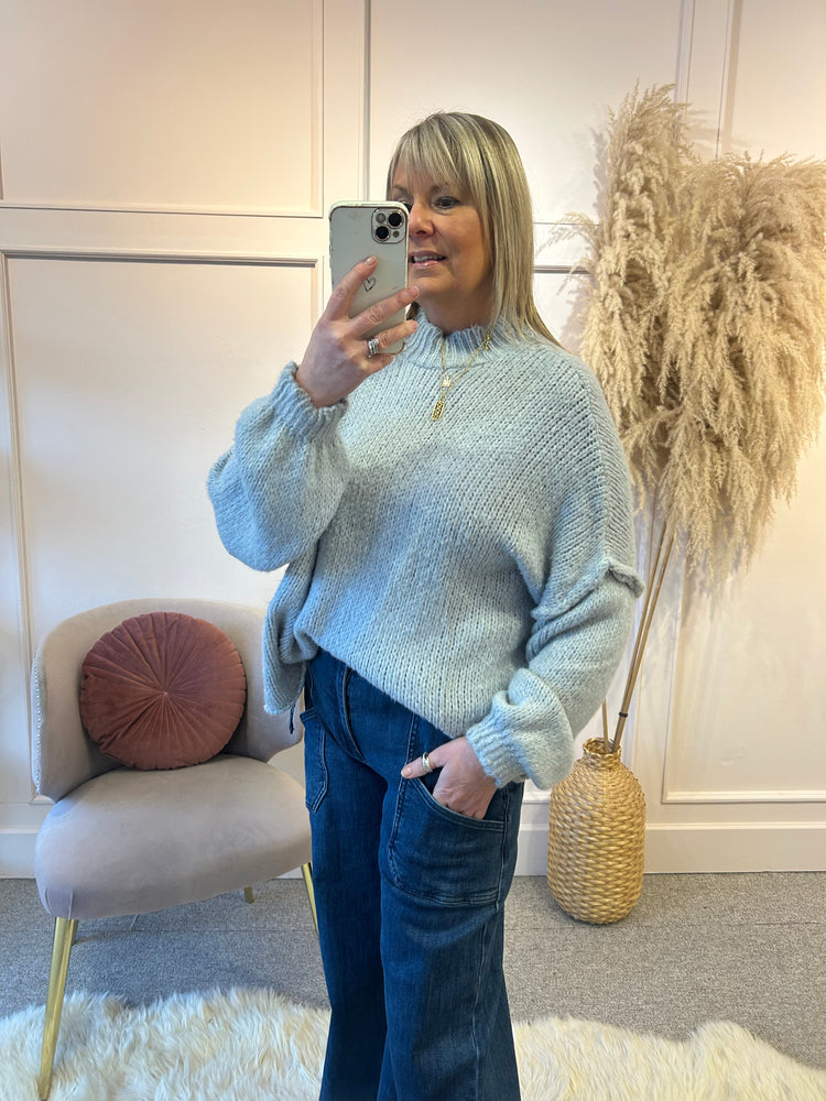 Raw Edged Raised Neck Jumper - Pale Grey