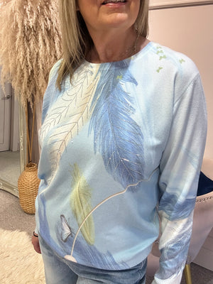 Feather Design & Touch Of Sparkle Jumper - Cream/Blue