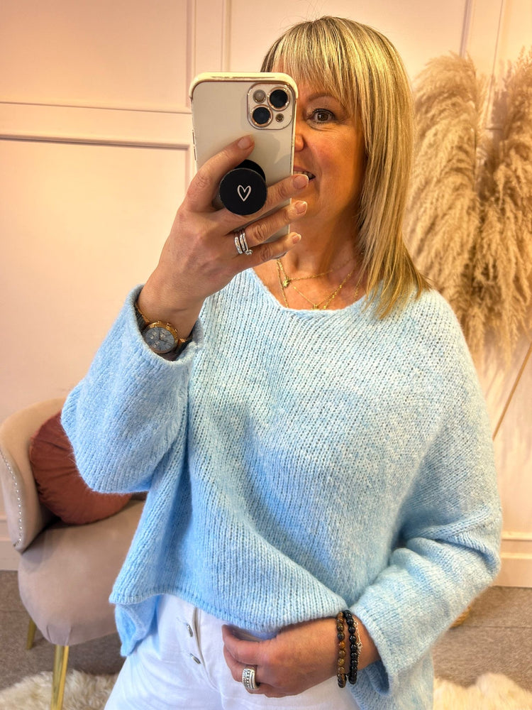 V - Neck Stripe On Back Jumper - Pale Blue/Pink