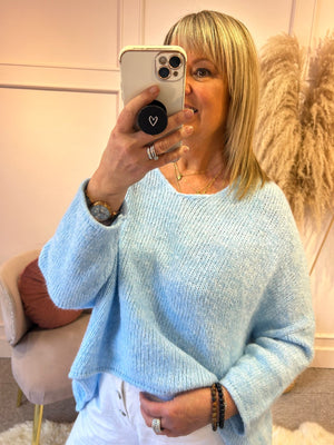 V - Neck Stripe On Back Jumper - Pale Blue/Pink