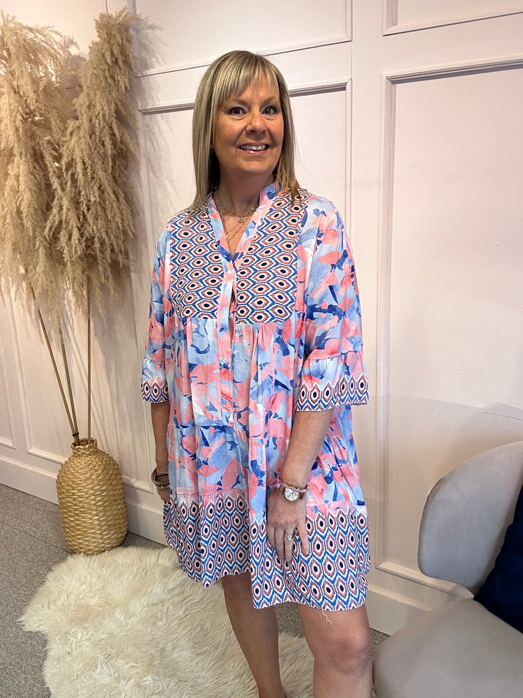 Floral Aztec Smock Tunic Dress - Pink/Blue