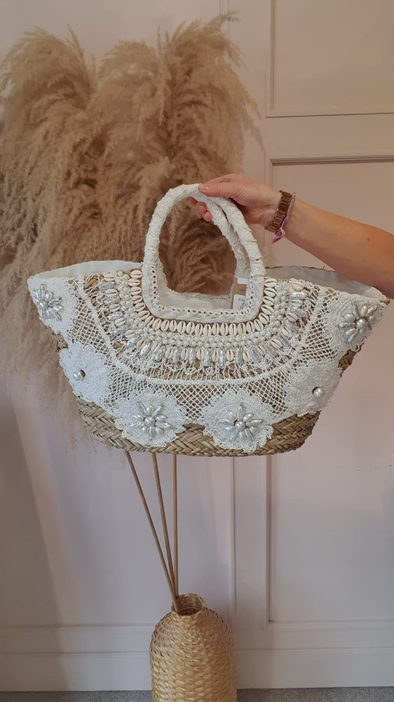 Pearl/Shell & Crochet Large Straw Tote Bag - Straw/White