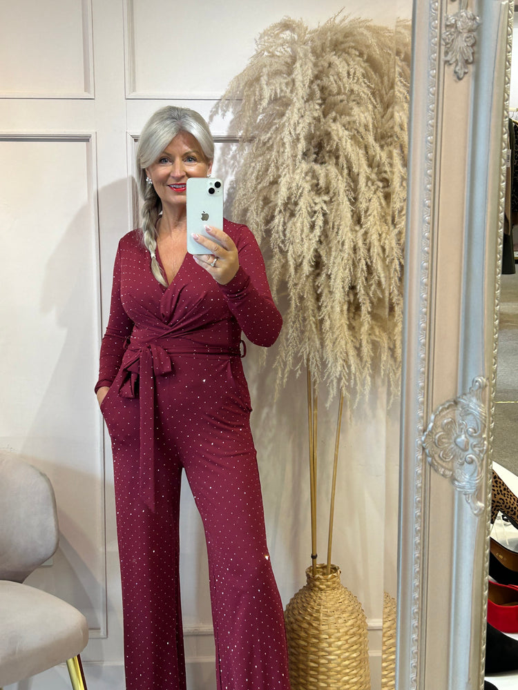 Sparkle Slinky Jumpsuit - Burgundy