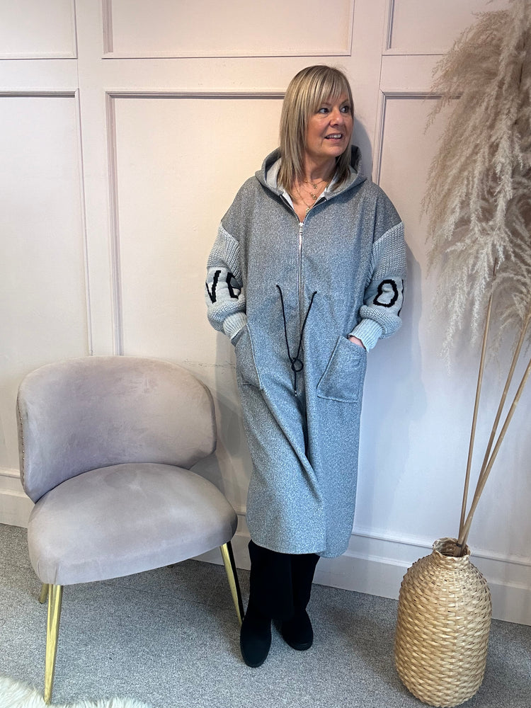 Long Hooded Love Coat Jacket - Grey