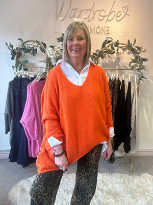 V Neckline Knit Jumper - Orange