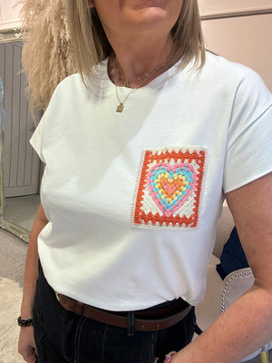 Little Crochet Heart Pocket T Shirt - White