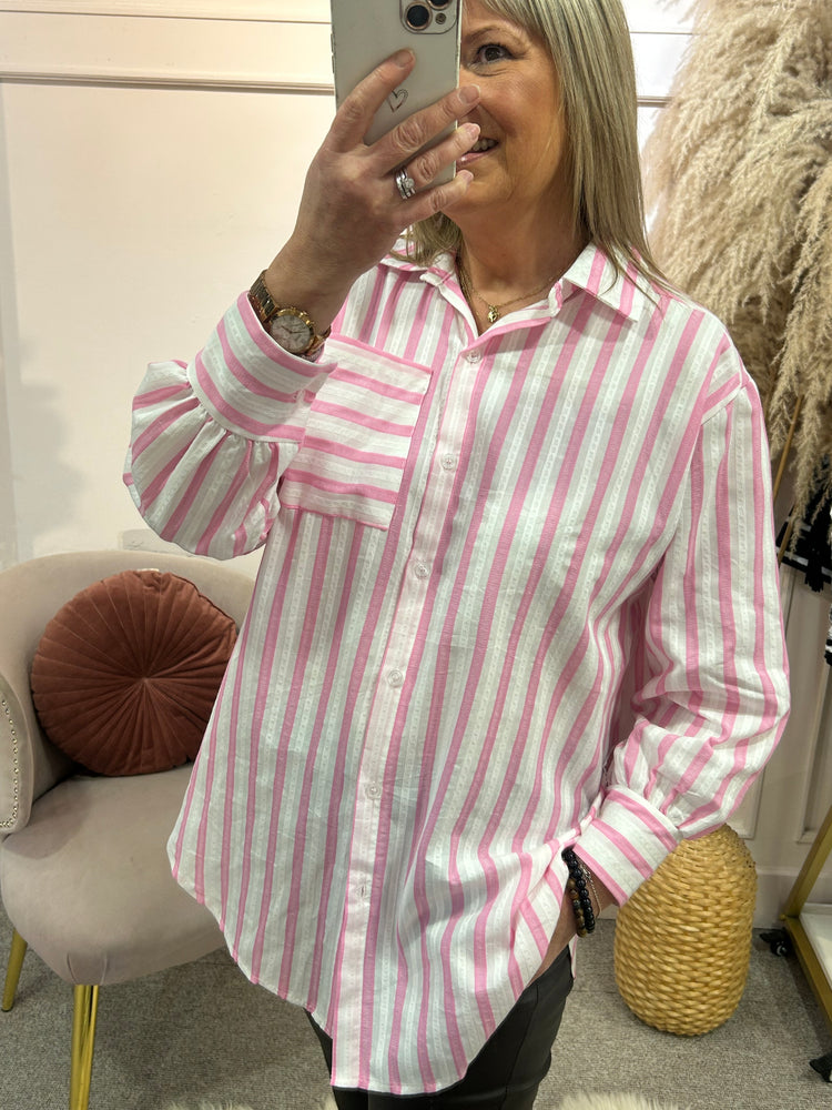 White & Pink Striped Shirt  - White