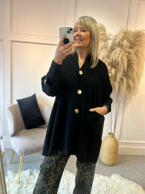 Gold Button Cardigan Jacket - Black