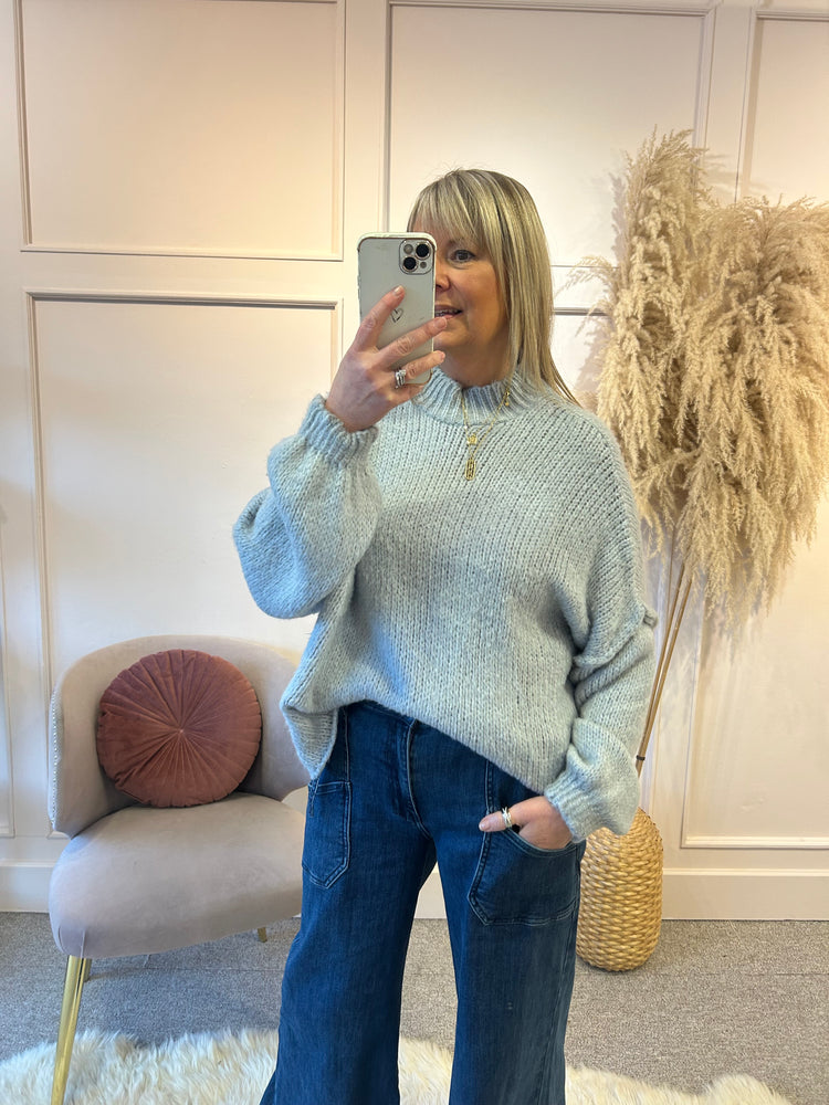 Raw Edged Raised Neck Jumper - Pale Grey