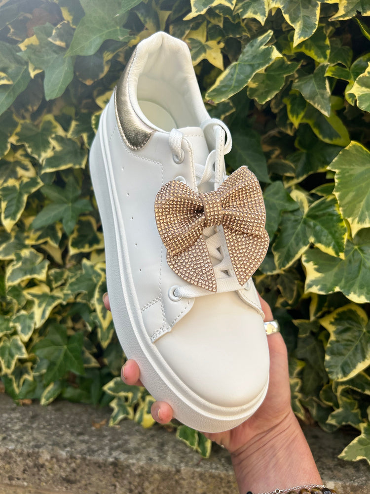Rose Gold Jewelled Bow Trainer - White
