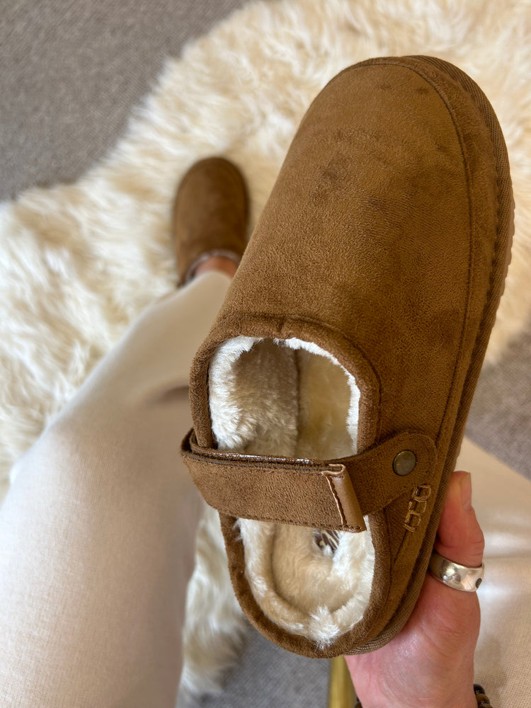 Faux Fur Lined Back Strap Mule Slipper - Chestnut