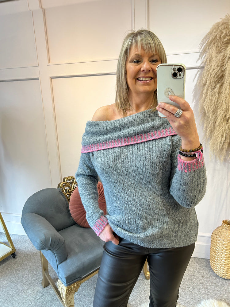 Off Shoulder Stitched Edge Jumper - Grey