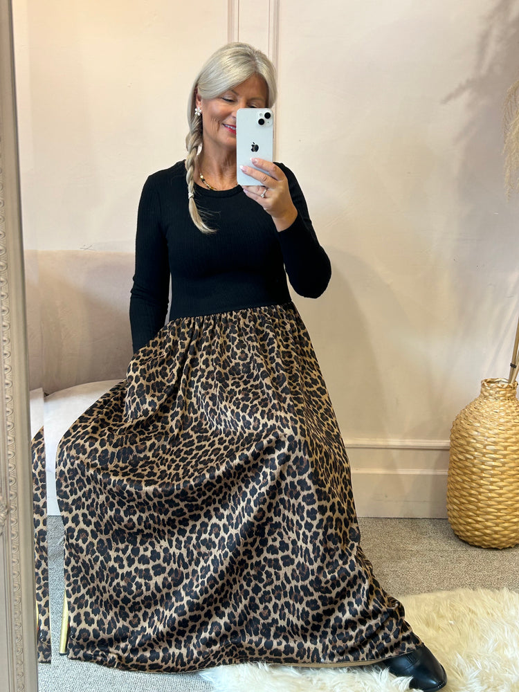 Ribbed Top & Leopard Skirt Dress - Black/Leopard