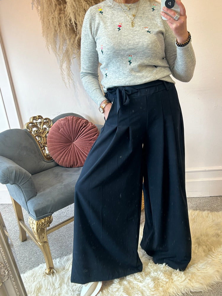 Wide Leg Pin Tuck Front Pants - Navy