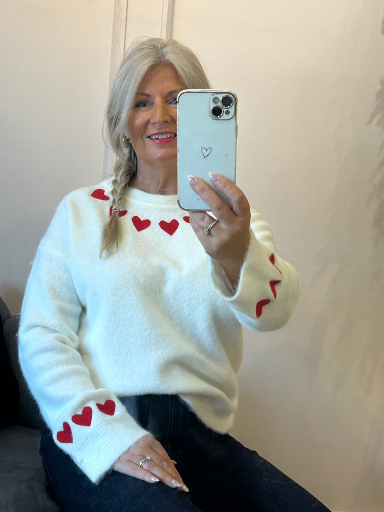 Red Heart Detail Jumper - Winter White