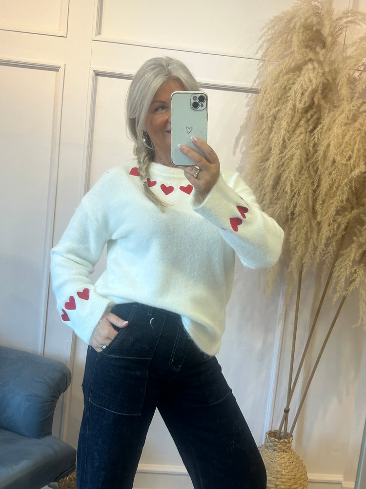 Red Heart Detail Jumper - Winter White