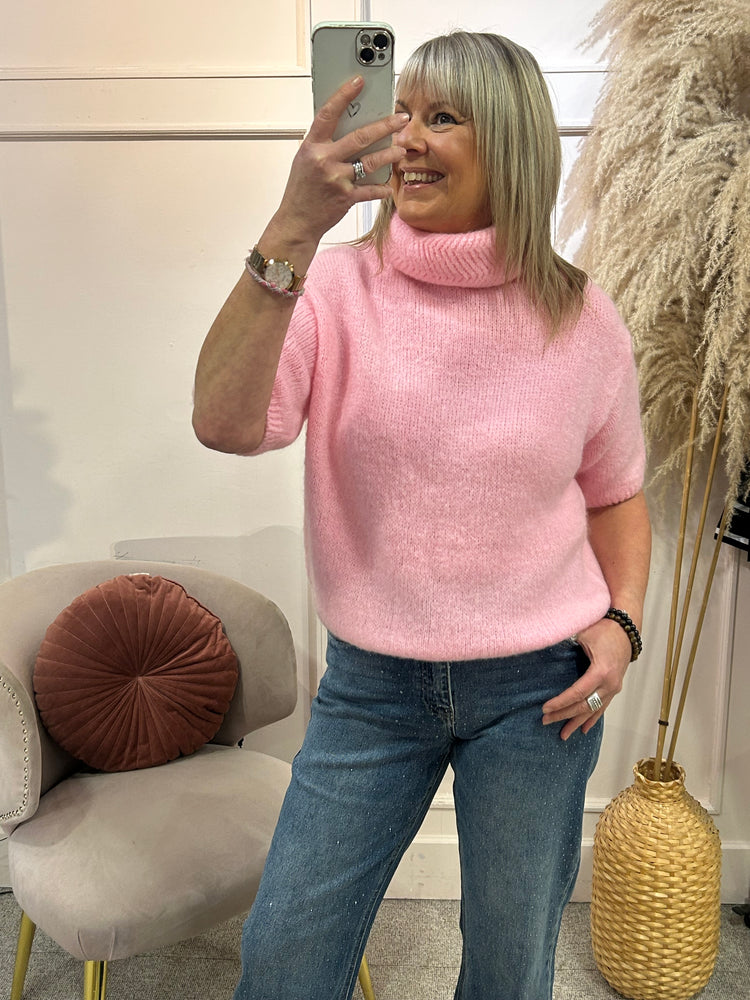 Short Sleeve High neck Jumper - Pale Pink