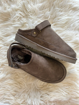 Faux Fur Lined Back Strap Mule Slipper - Mocha