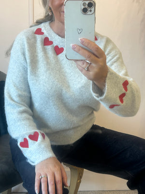 Red Heart Detail Jumper - Grey