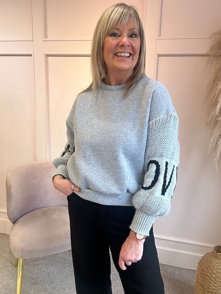 Sweatshirt Love Knitted Sleeve Jumper  - Grey