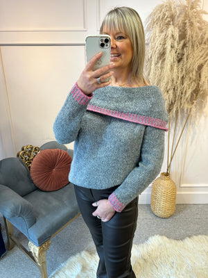 Off Shoulder Stitched Edge Jumper - Grey