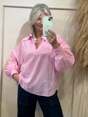 V Neck Collared Embellished Sleeve Blouse - Pink