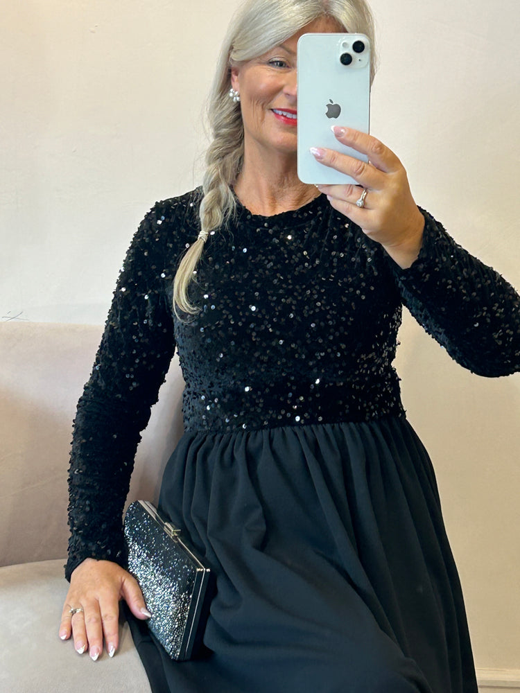 Sequin Top & Crepe Feel Skirt Dress - Black