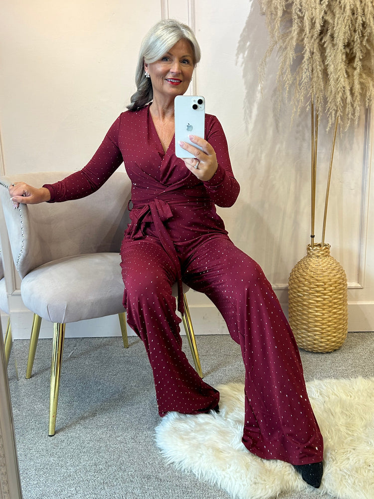 Sparkle Slinky Jumpsuit - Burgundy