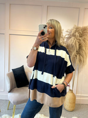 Zip-Up Stripe Jumper - Navy/Cream