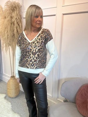 Leopard Sequin Front Jumper  - Cream