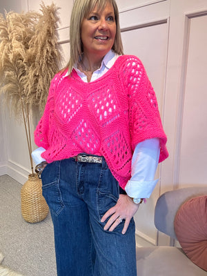 Crochet Knit Jumper - Bright Pink