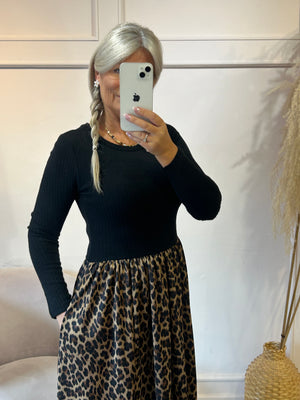 Ribbed Top & Leopard Skirt Dress - Black/Leopard