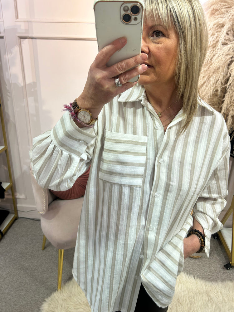 White & Beige Striped Shirt  - White