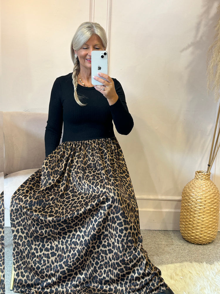 Ribbed Top & Leopard Skirt Dress - Black/Leopard