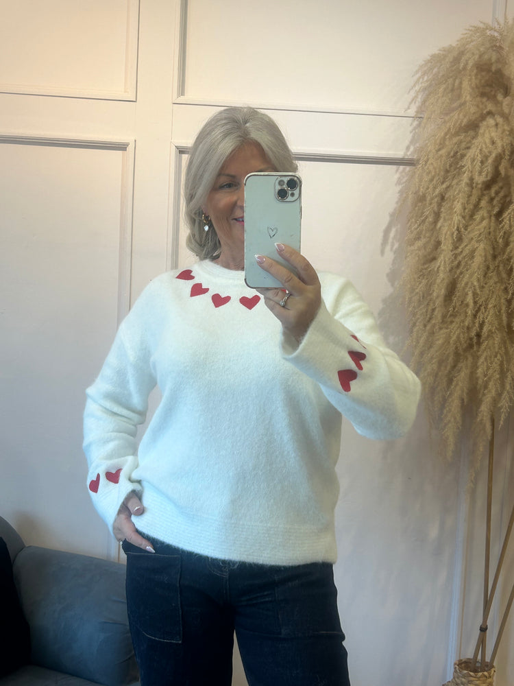 Red Heart Detail Jumper - Winter White