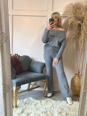 Off Shoulder Jumper & Pant Lounge Set - Grey