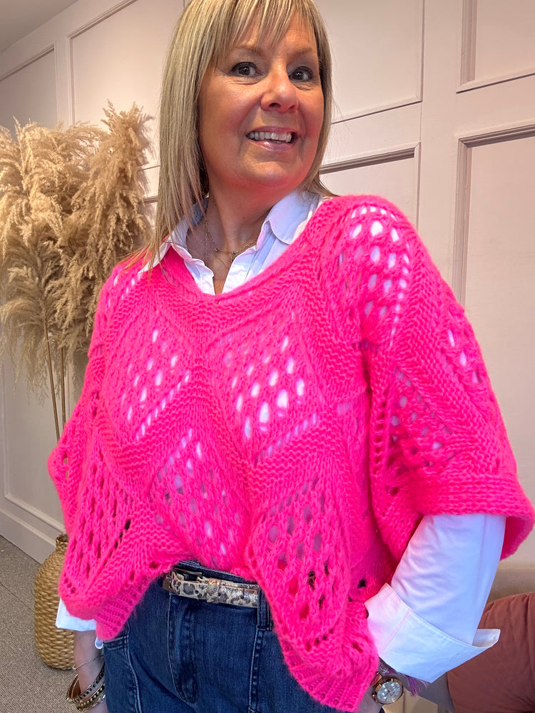 Crochet Knit Jumper - Bright Pink