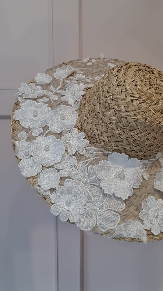 Beautiful Flower Applique & Pearl Sun Hat - Straw/Cream