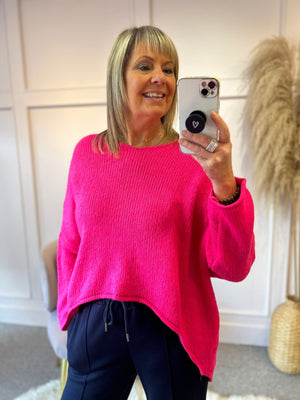 V - Neck Stripe On Back Jumper - Fuchsia/Orange