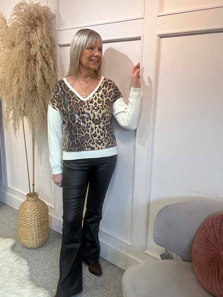 Leopard Sequin Front Jumper  - Cream