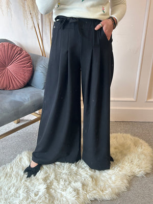 Wide Leg Pin Tuck Front Pants - Black