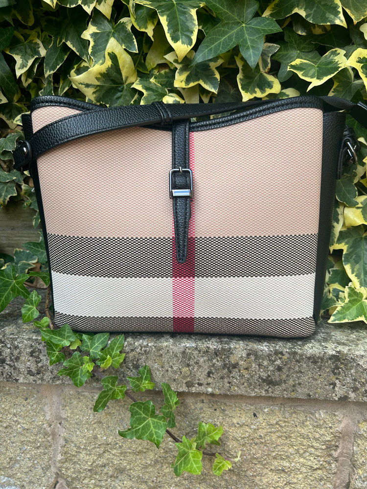 Stylish Check Buckle Handbag - Beige/Black