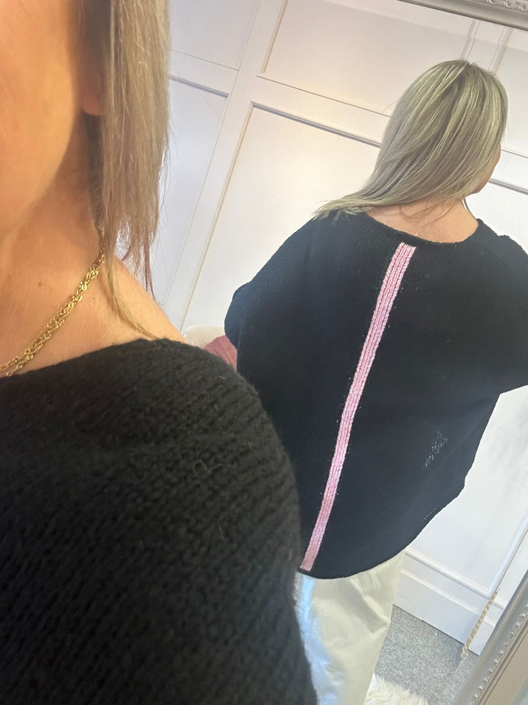 V - Neck Stripe On Back Jumper - Black/Pink