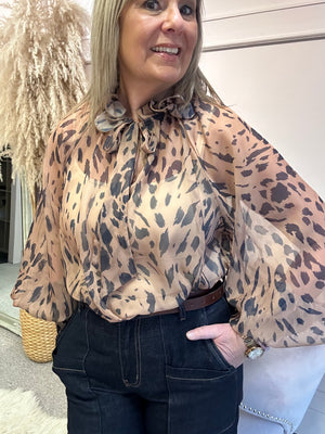 Ruffle Neck Blouse - Leopard