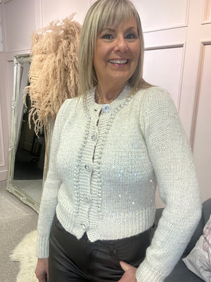 Pearl & Sequin Touches On Cardi Jacket  - Cream