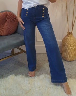 Button Detail Wide Leg Jeans- Blue Denim